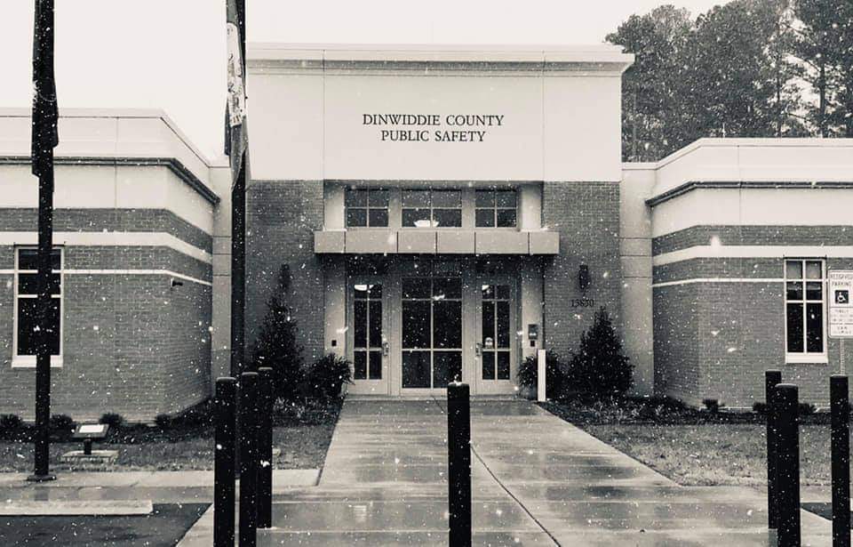 Dinwiddie Public safety building with light snowfall